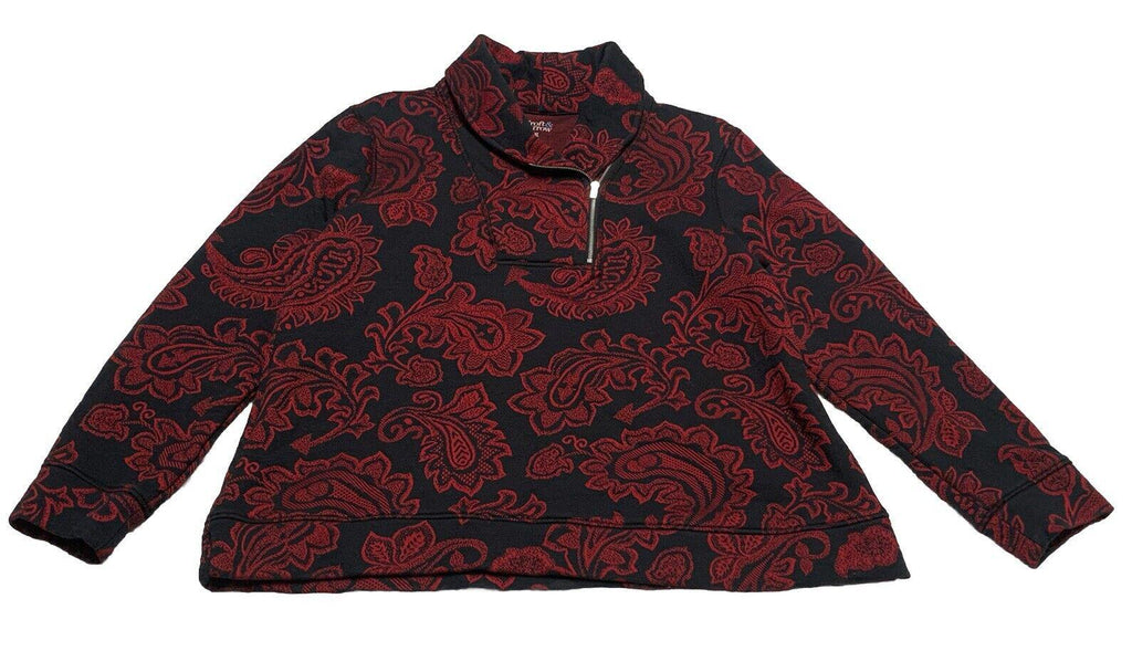 Suéter Croft &amp; Barrow para mujer, talla pequeña XL, con estampado floral de cachemira en rojo y negro, con cremallera y manga larga