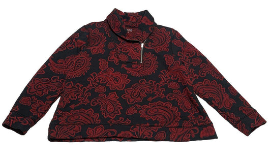 Croft & Barrow Womens Petite XL Red Black Paisley Floral Zip Sweater Long Sleeve