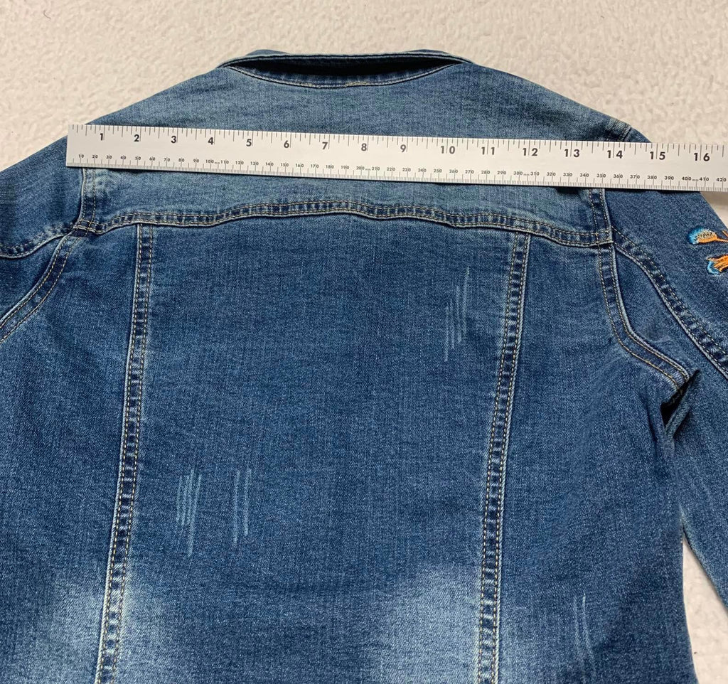 Chaqueta vaquera elegante con bordado floral para mujer, talla mediana, vaquera oscura