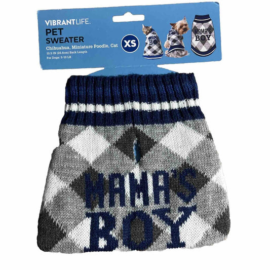Acrylic Dog Sweater XS Extra Small Pet Dog Cat Plaid MAMAS BOY Blue White Gray