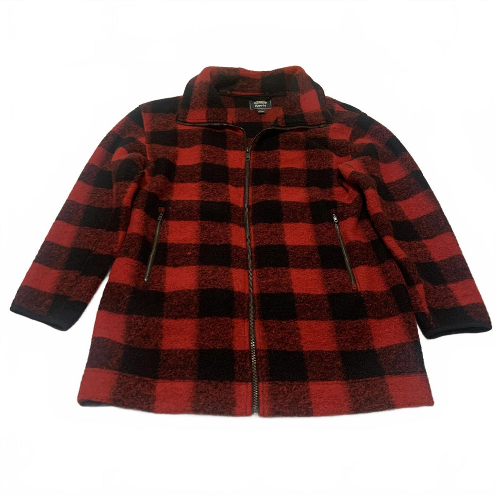 Chaqueta de forro polar con cremallera a cuadros rojos y negros Roots para hombre, talla L, estilo cálido y clásico