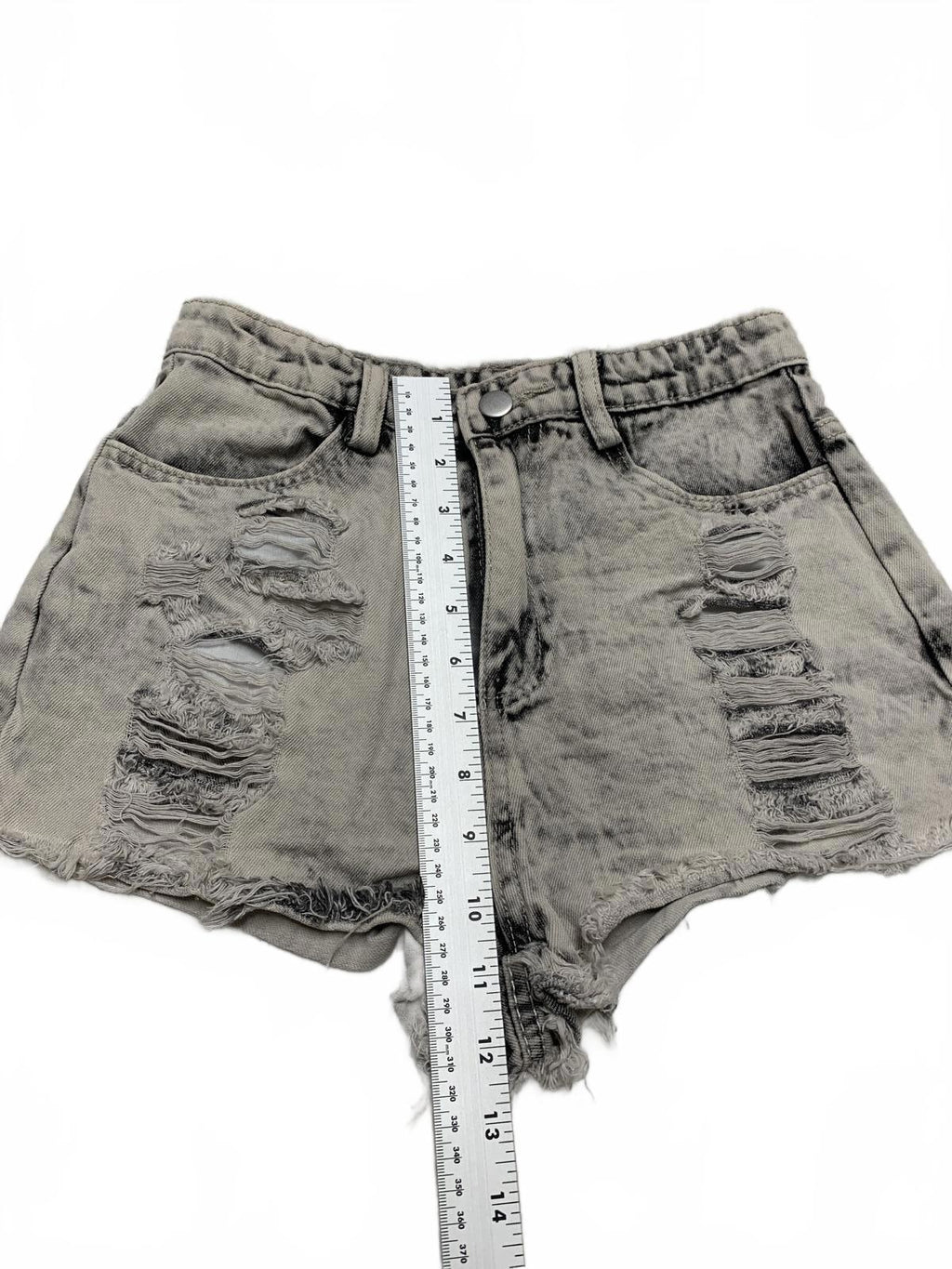 LE LIS Pantalones cortos vaqueros desgastados grises talla pequeña W25 de tiro medio con dobladillo deshilachado