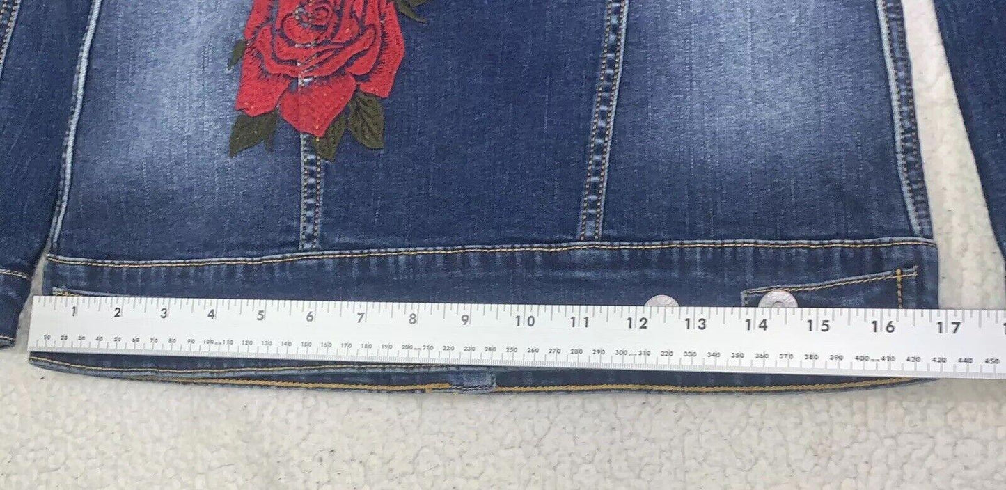 Lularoe Jaxon Jean Jacket Red Rose Sz XXS Small  Embroidery