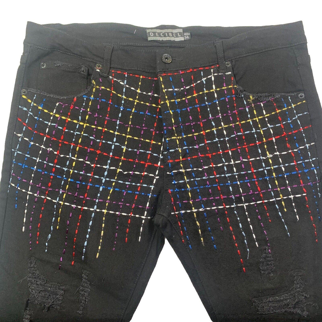 Vaqueros negros Decibel para hombre, 40 x 34, bordados al frente y deshilachados
