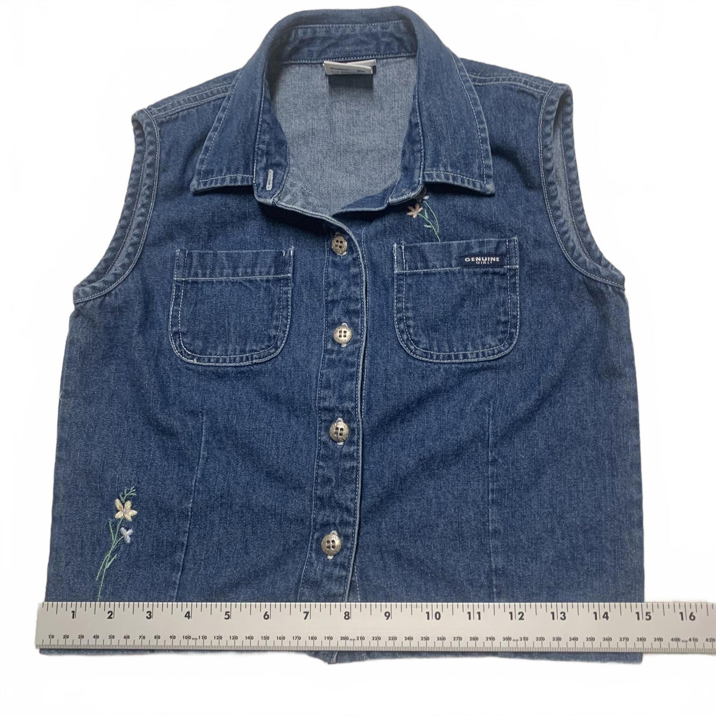 Genuine Girl Sze XLarge(18) Blue Denim Vest Floral Embroidery