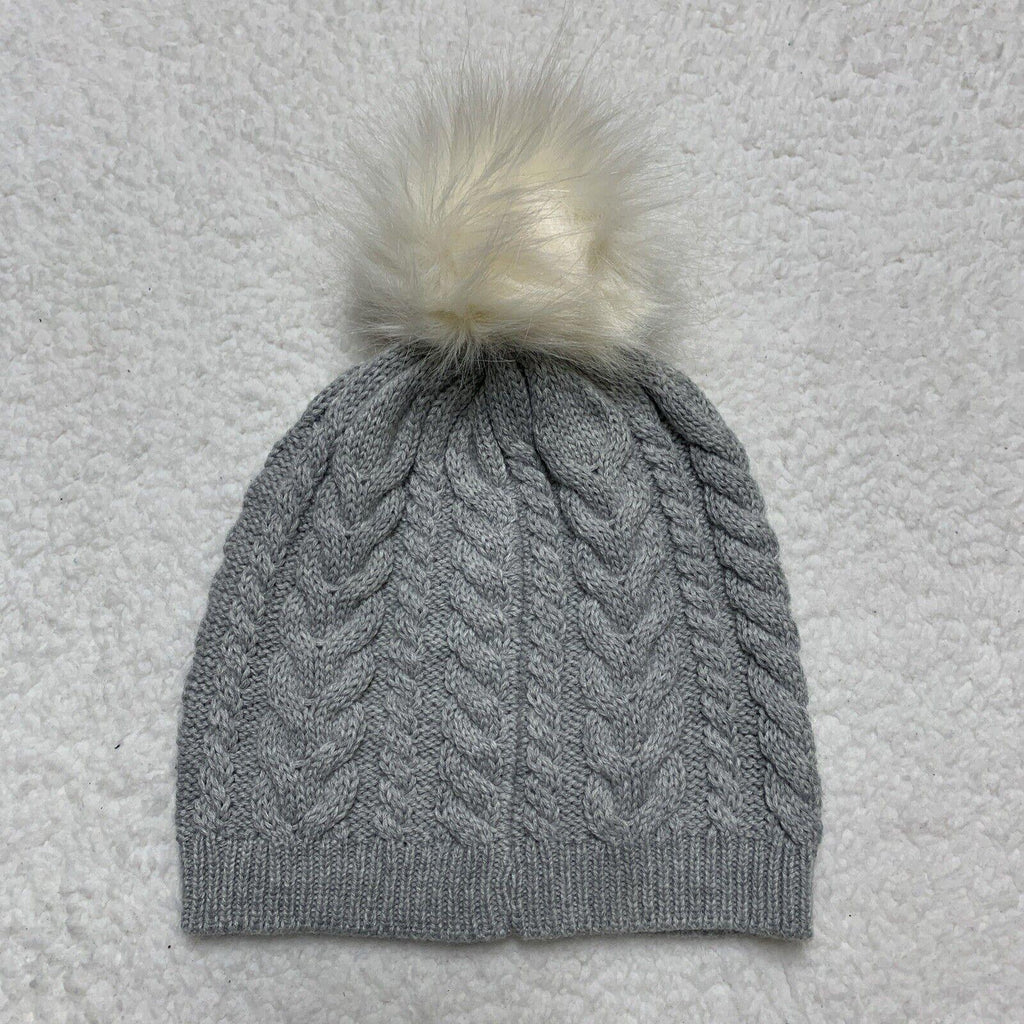 Gorro de invierno de punto trenzado J Crew, gorro gris, pompón blanco hueso