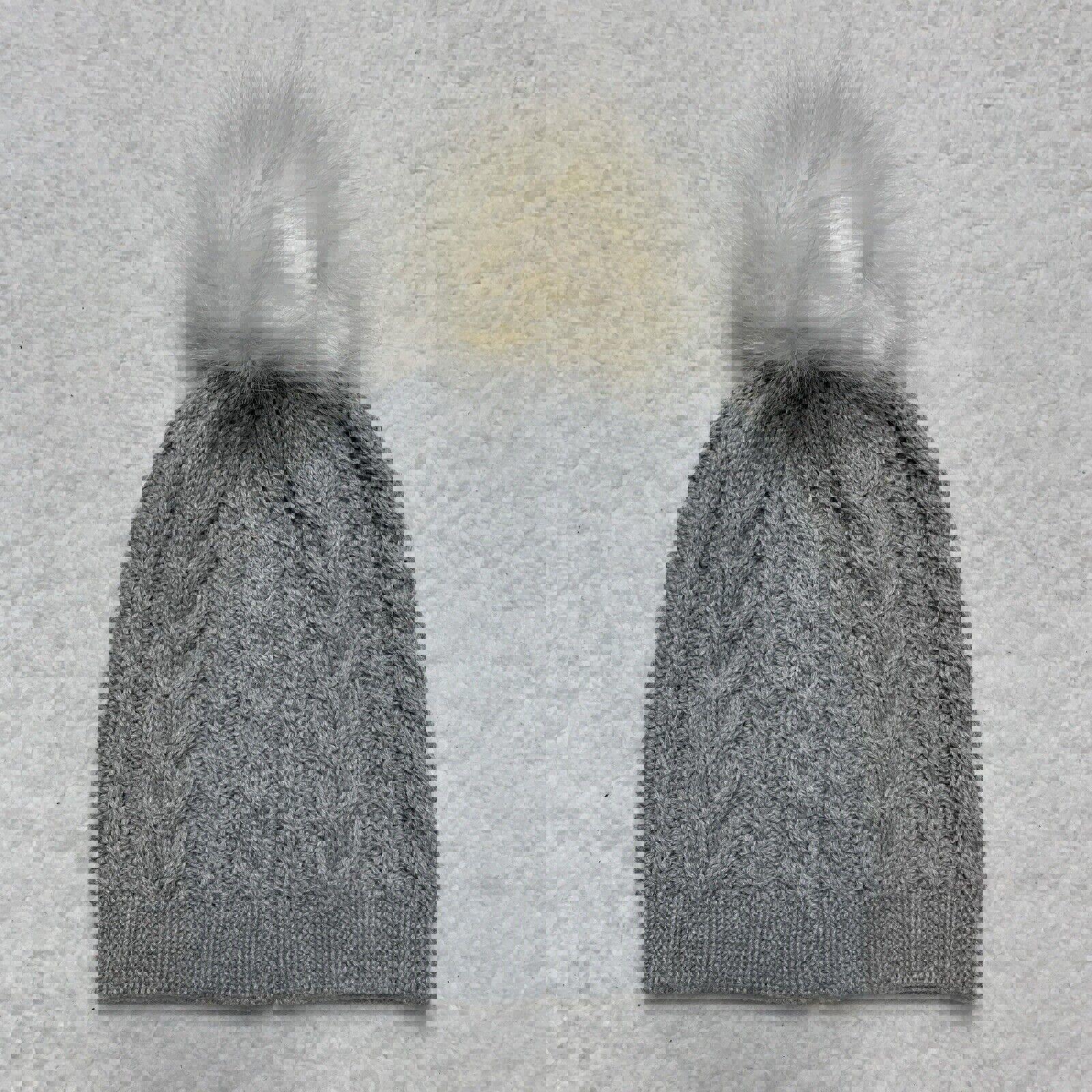 Gorro de invierno de punto trenzado J Crew, gorro gris, pompón blanco hueso