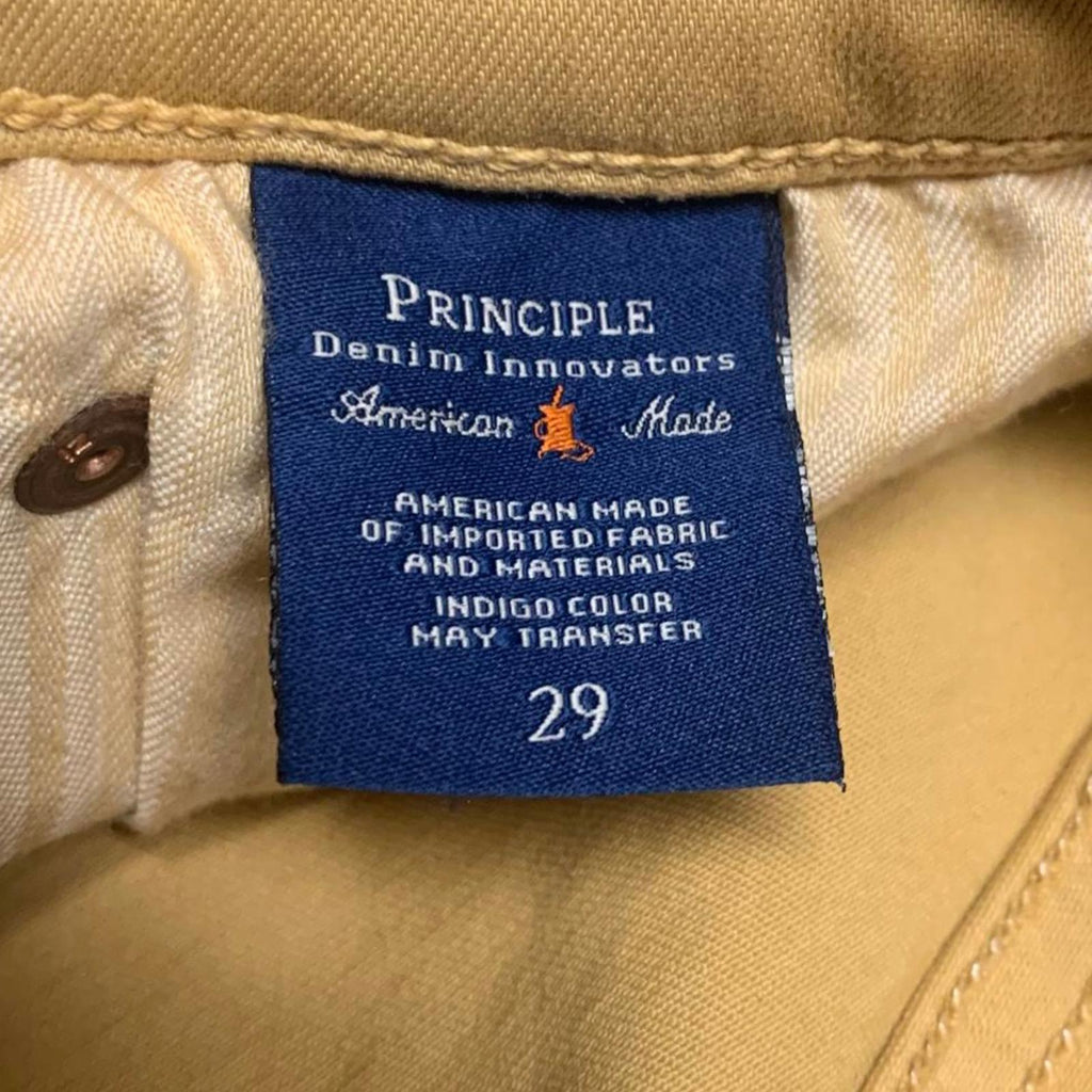 Pantalones de mezclilla Principle Innovators, talla 29, amarillos, con dobladillo deshilachado, ancho 30 x 27 L, EE. UU.