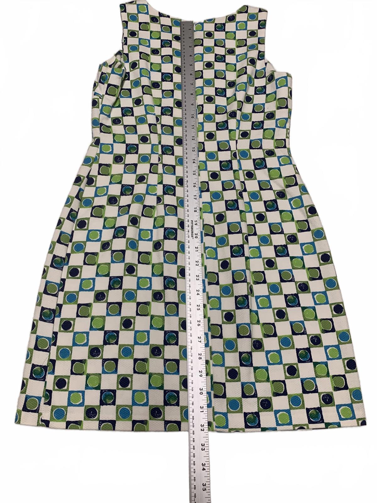 Vestido CDC Petites geométrico sin mangas, corte A, talla 8P, verano - Hecho en EE. UU.