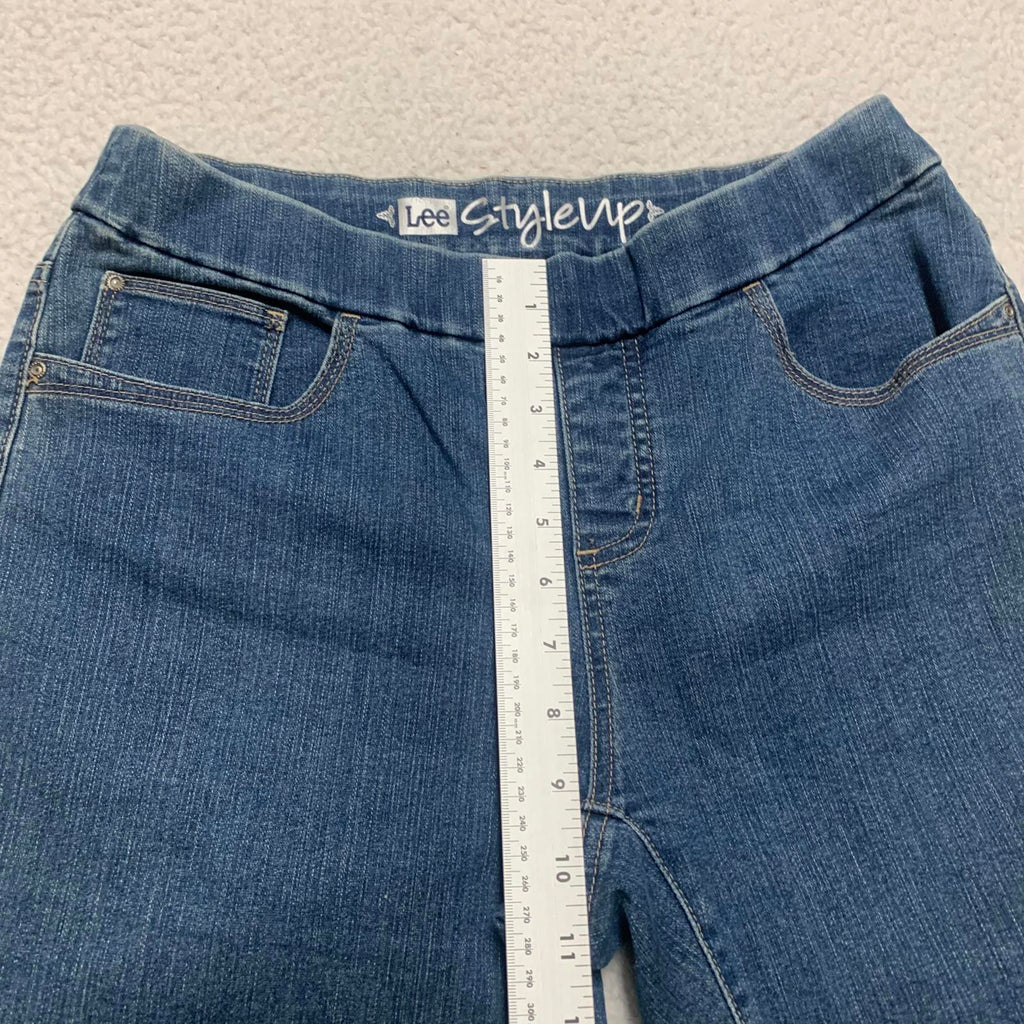 Vaqueros capri de mezclilla azul mediano Lee para mujer, talla 8, con bordado floral, 30 x 16