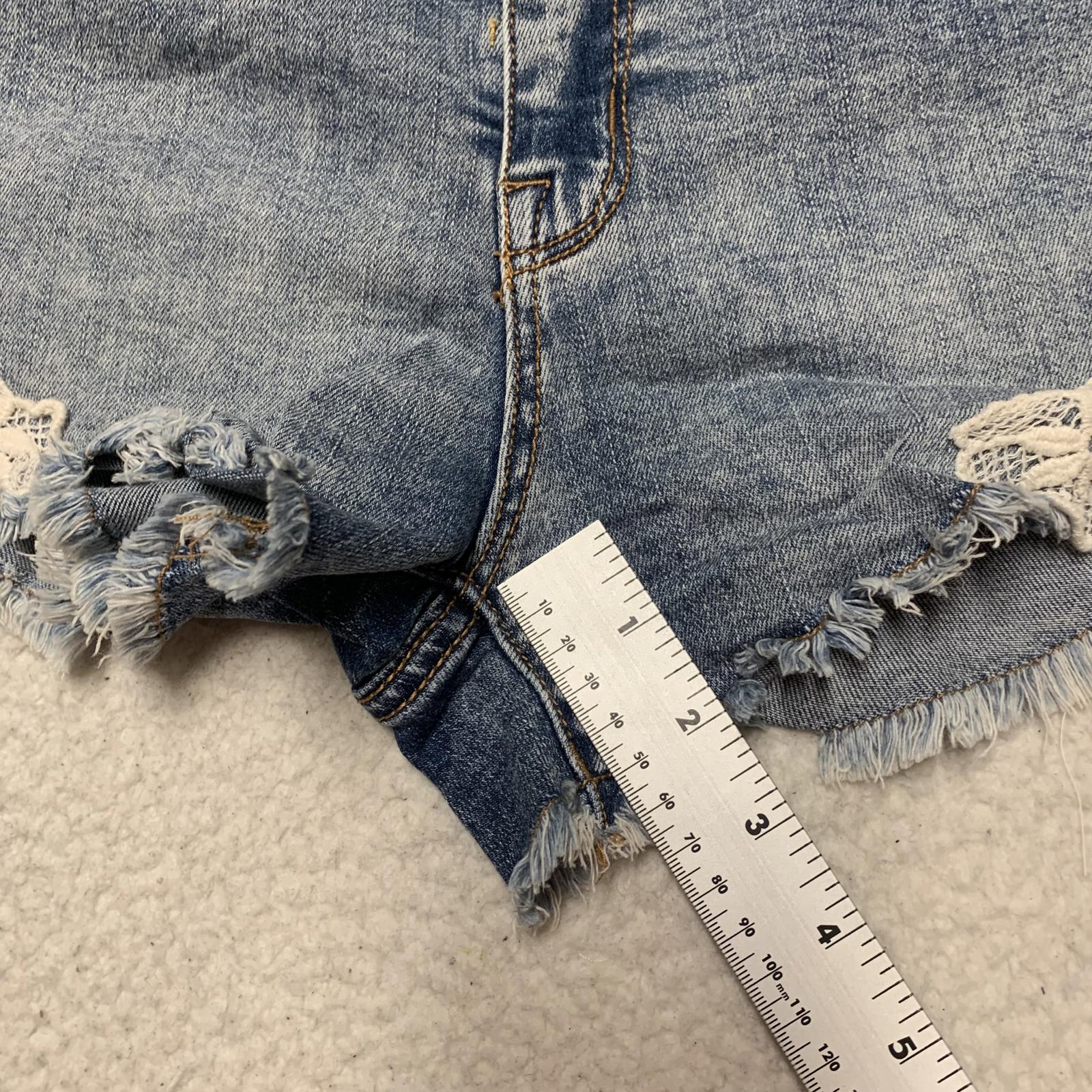 Shorts vaqueros de tiro alto con ribete de encaje Mossino para mujer, talla 8/W29