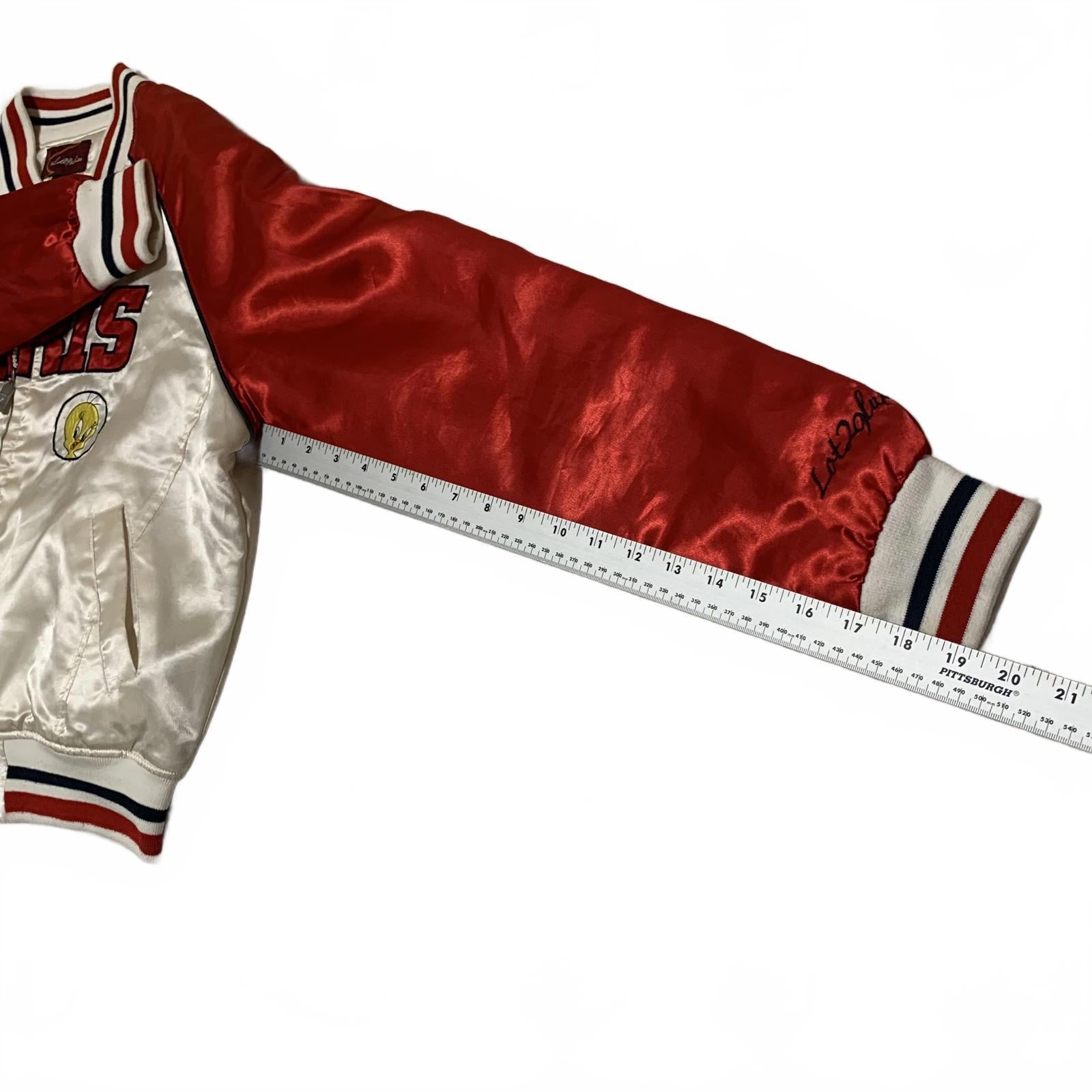 Chaqueta bomber Tweety Paris para mujer, talla L, color rojo y blanco, de satén Y2K, de Looney Tunes, lote 29