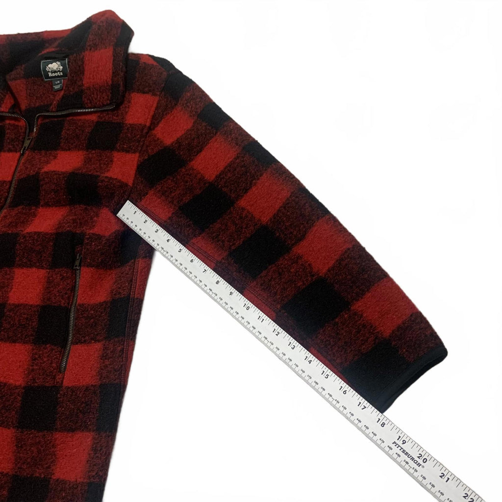 Chaqueta de forro polar con cremallera a cuadros rojos y negros Roots para hombre, talla L, estilo cálido y clásico