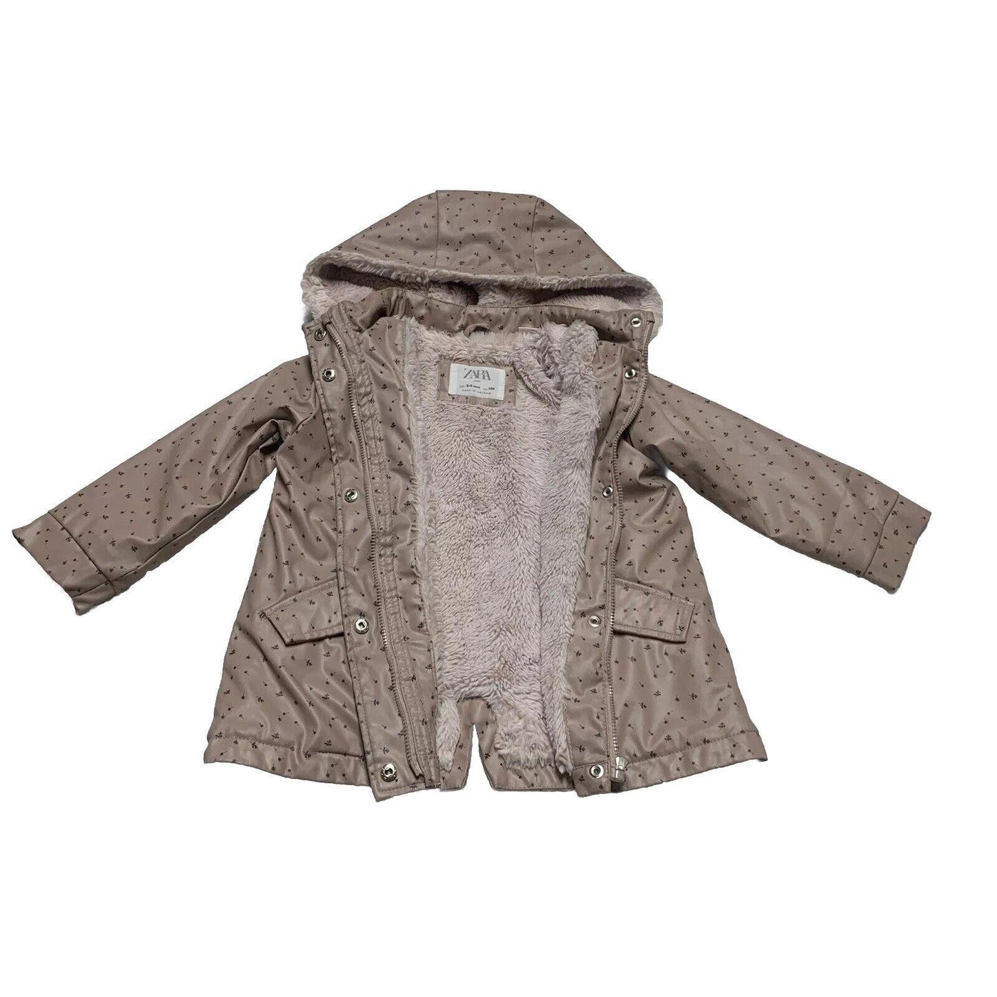 Zara Baby Girl Size 3-4 Years Pink Floral Print Fleece Lined Raincoat HoodJacket