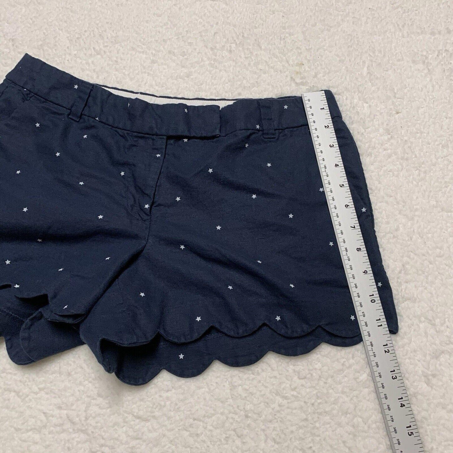 J Crew Scalloped Hem Linen Cotton Shorts Size 10 Navy Blue White Star Print