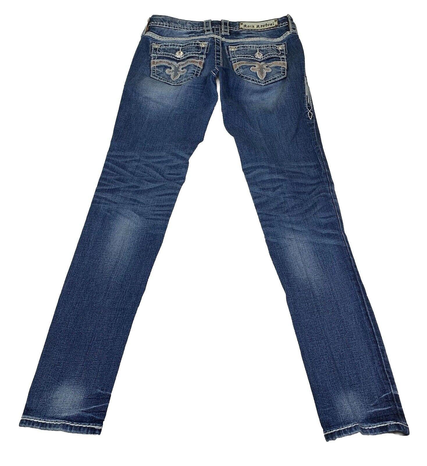 Vaqueros Rock Revival para mujer, talla 27, con bolsillo vaquero y puntadas llamativas