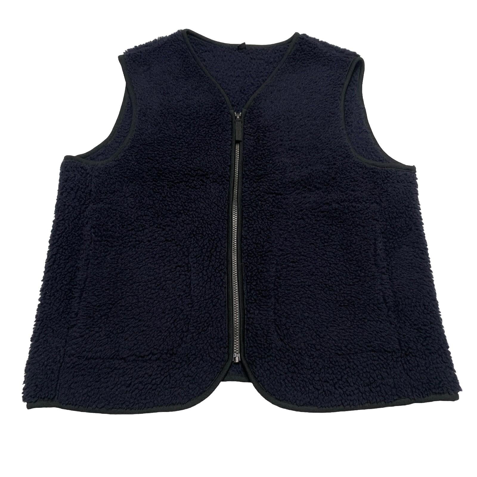Chaleco pequeño azul marino UNIQLO para mujer, chaqueta de forro polar con cuello en V y cremallera completa, de imitación sherpa