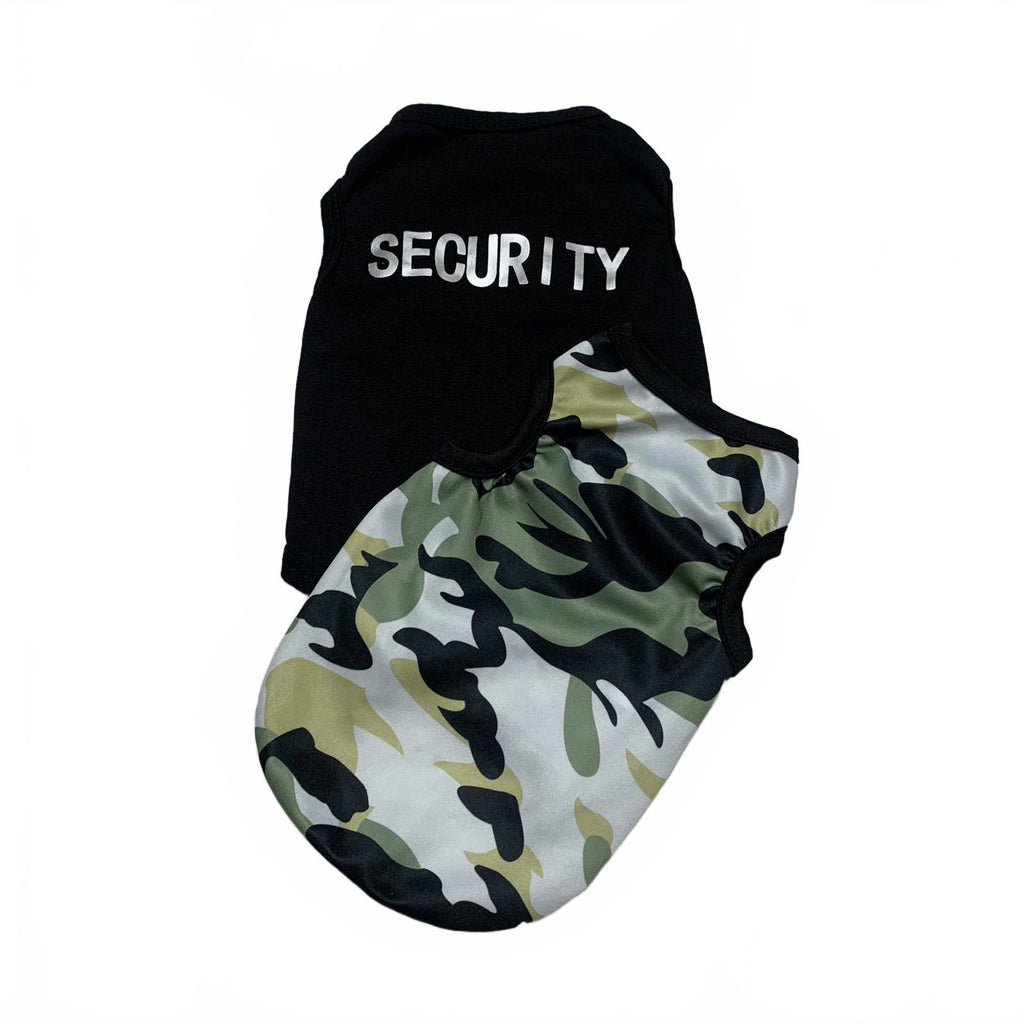 Paquete de dos camisetas para perros pequeñas, negras, de seguridad y camuflaje