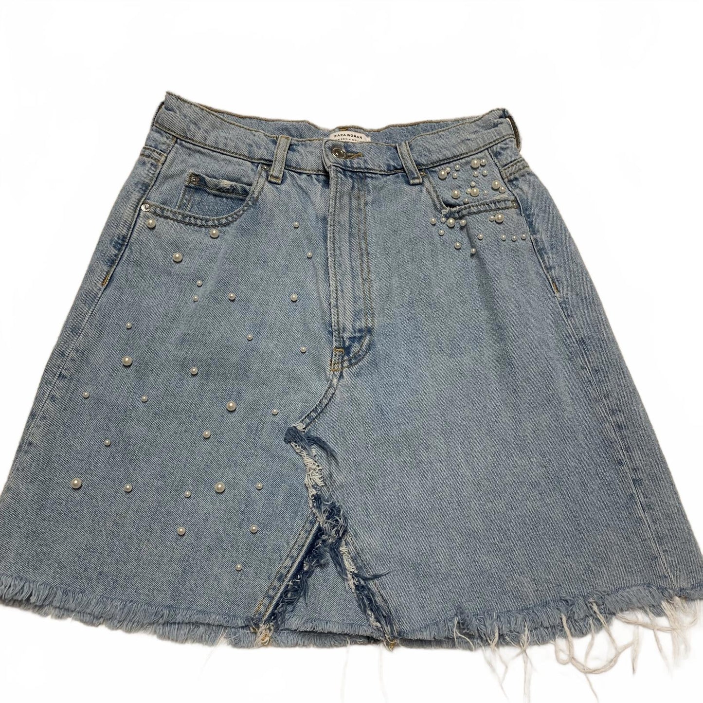 Zara Women's Size M Blue Distressed light wash Denim Skirt Pearl Bead Details