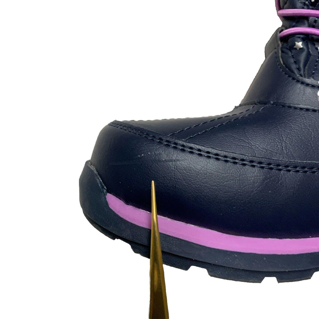 Botas de invierno para lluvia y nieve Lands End para niñas, talla 4M, color azul marino y morado con ribete de encaje y estrellas