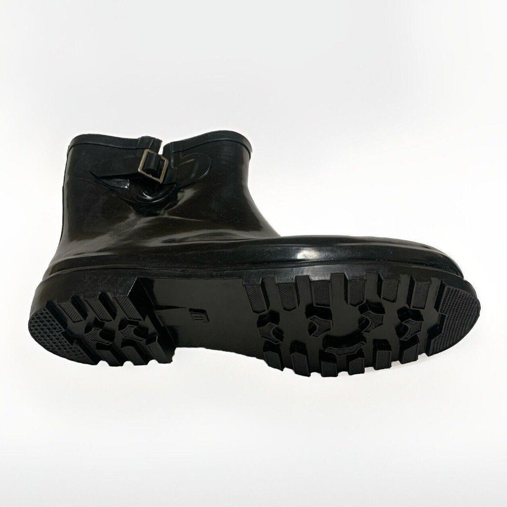 DEW Rubber Sole Rain Women's Boots Sz 11 Shiny Black Ankle Height Buckle Pull-on