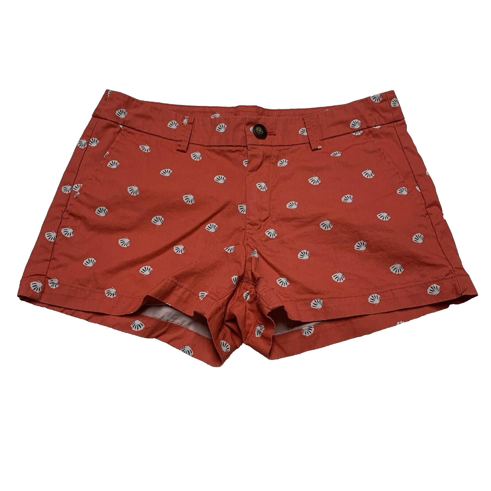 Pantalones cortos Uniqlo con estampado de conchas marinas, talla 2, parte delantera plana, color coral