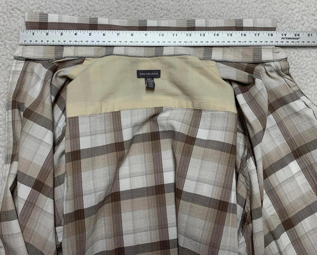 Van Heusen Camisa con botones de manga corta a cuadros beige talla XXL para hombre