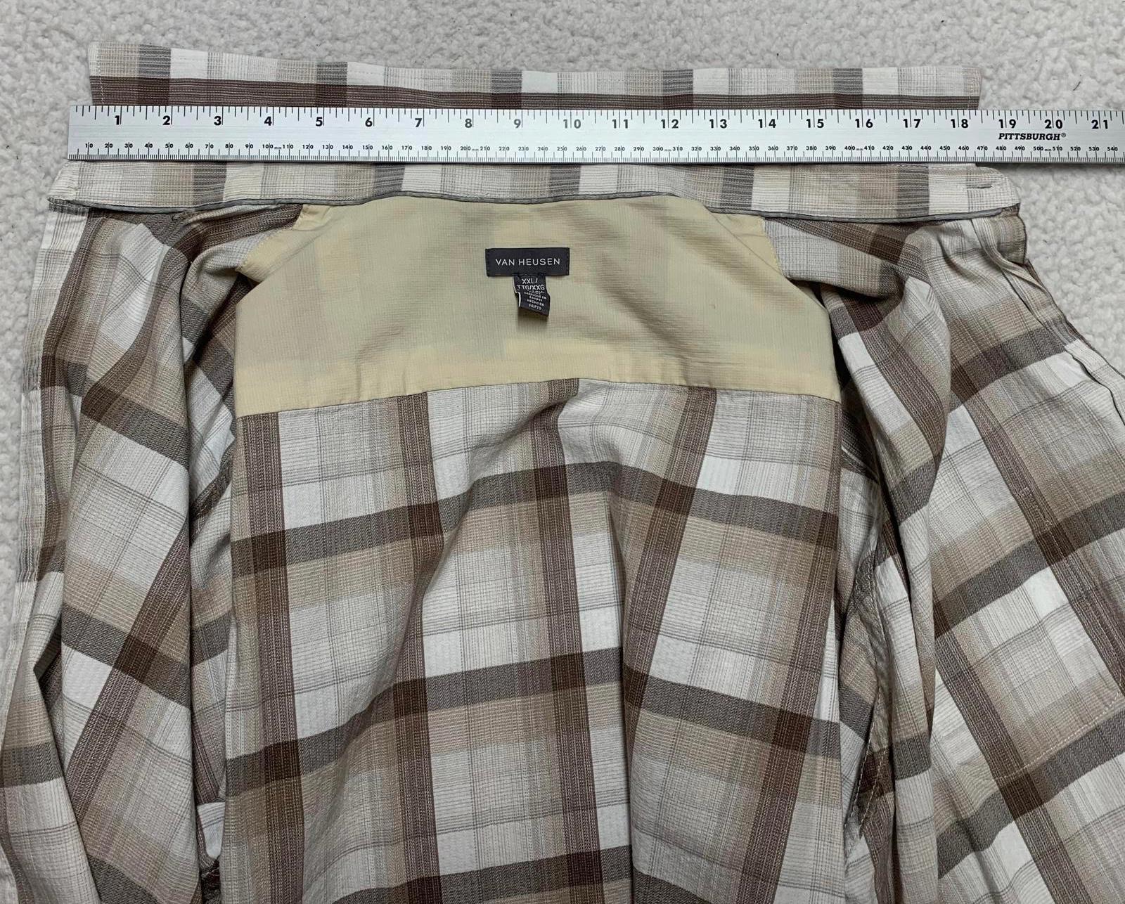 Van Heusen Camisa con botones de manga corta a cuadros beige talla XXL para hombre