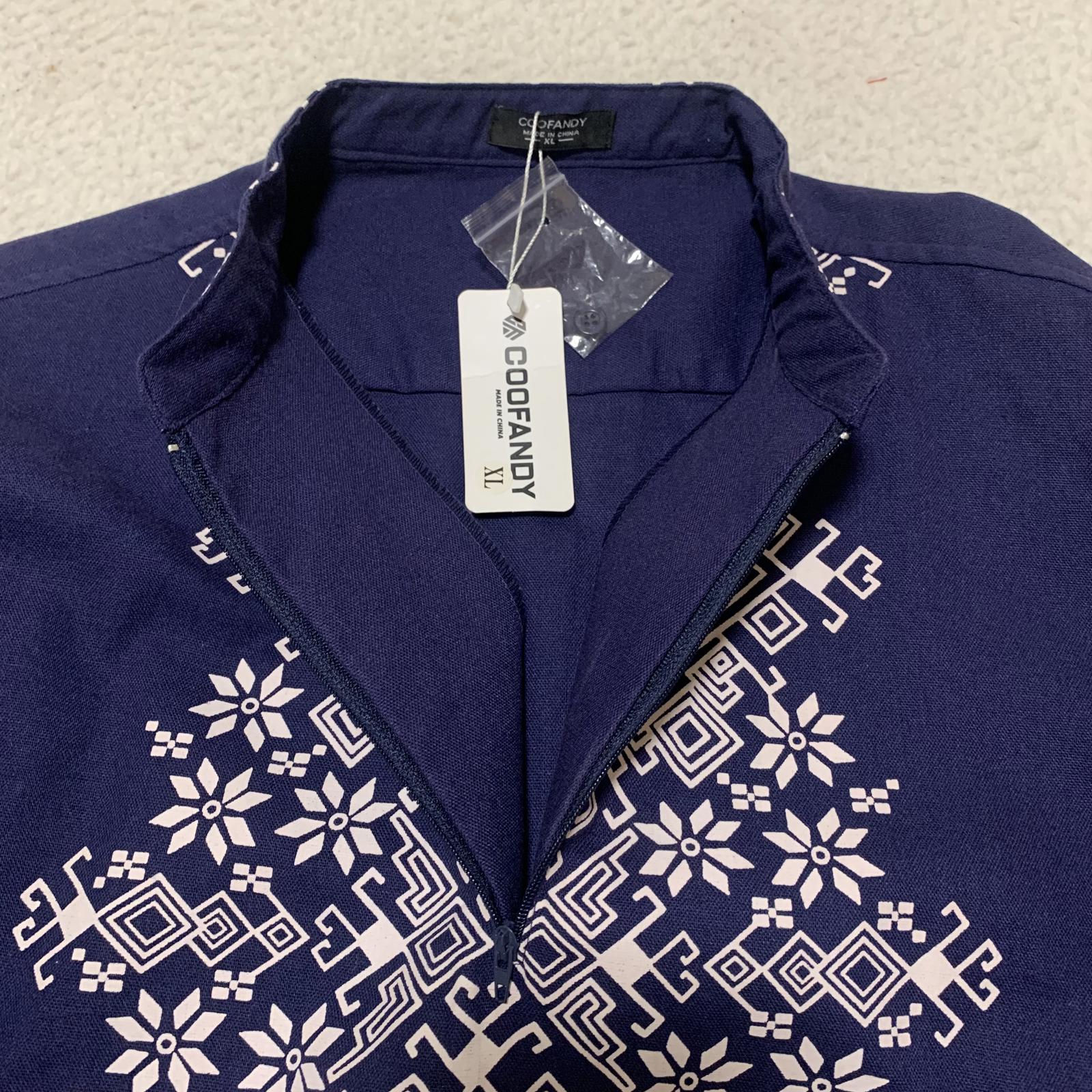 Camisa de algodón con cuello túnica bordada de manga larga azul talla XL para hombre de Coofandy
