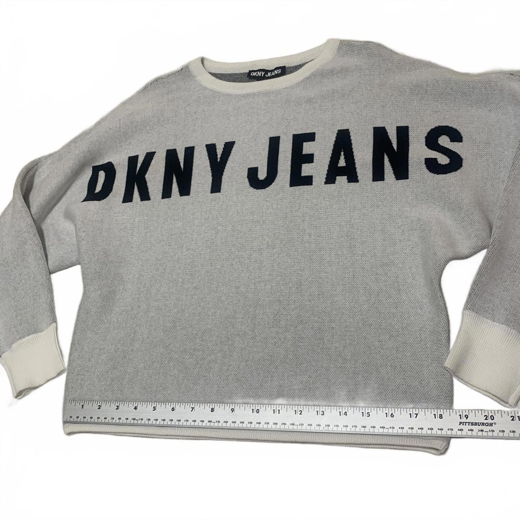 Suéter de cuello redondo gris claro con logo y mangas de mariposa para mujer, talla S, de DKNY Jeans VTG