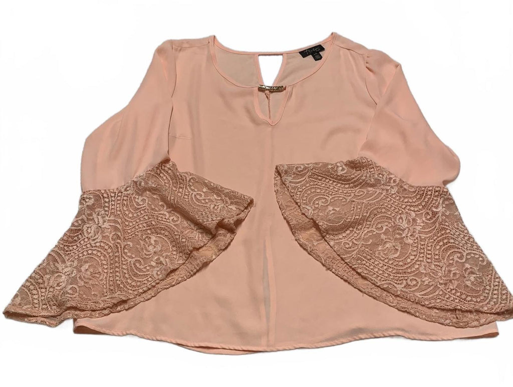 Blusa Thalia Sodi Forever 21 para mujer, talla grande, color melocotón, con mangas de encaje acampanadas