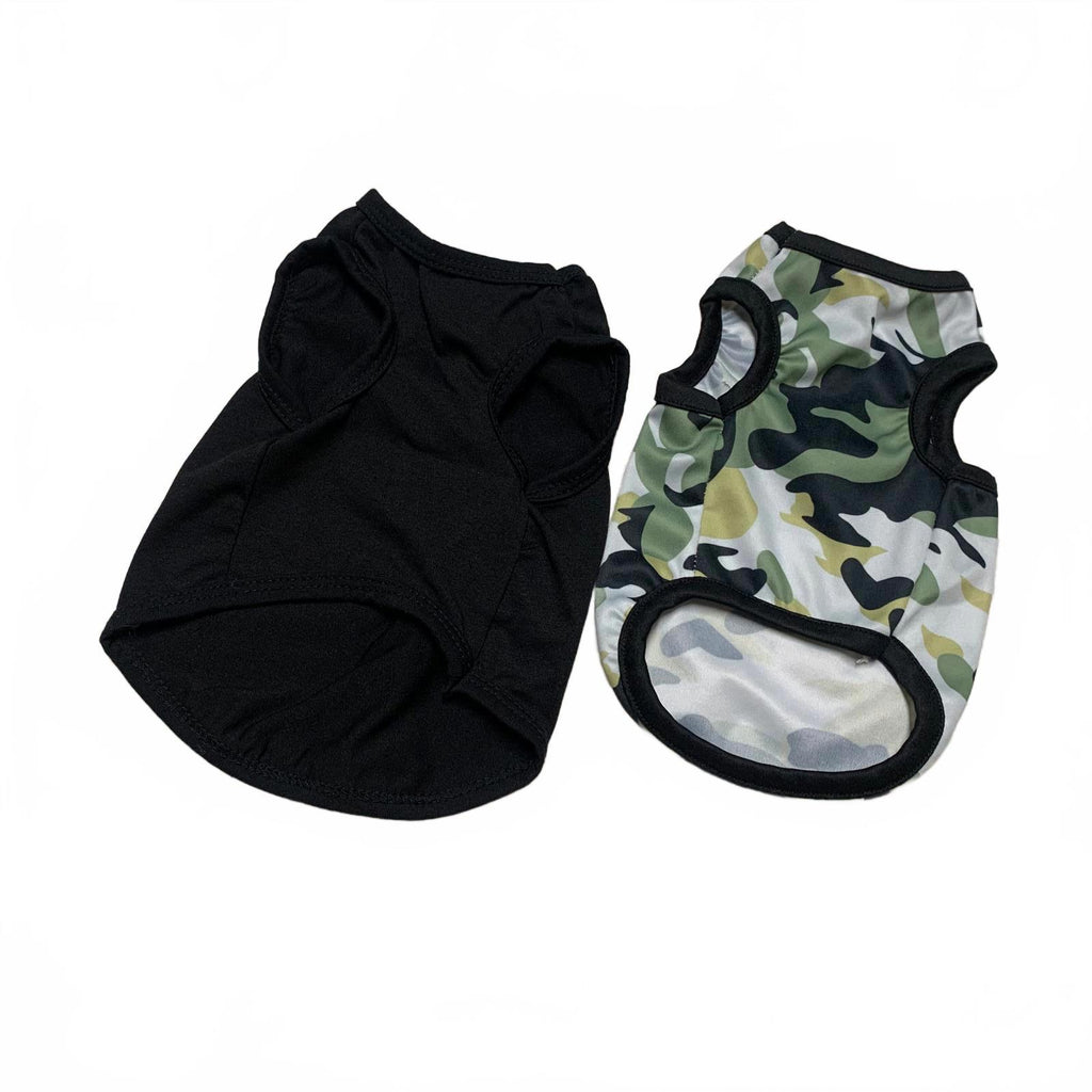 Paquete de dos camisetas para perros pequeñas, negras, de seguridad y camuflaje
