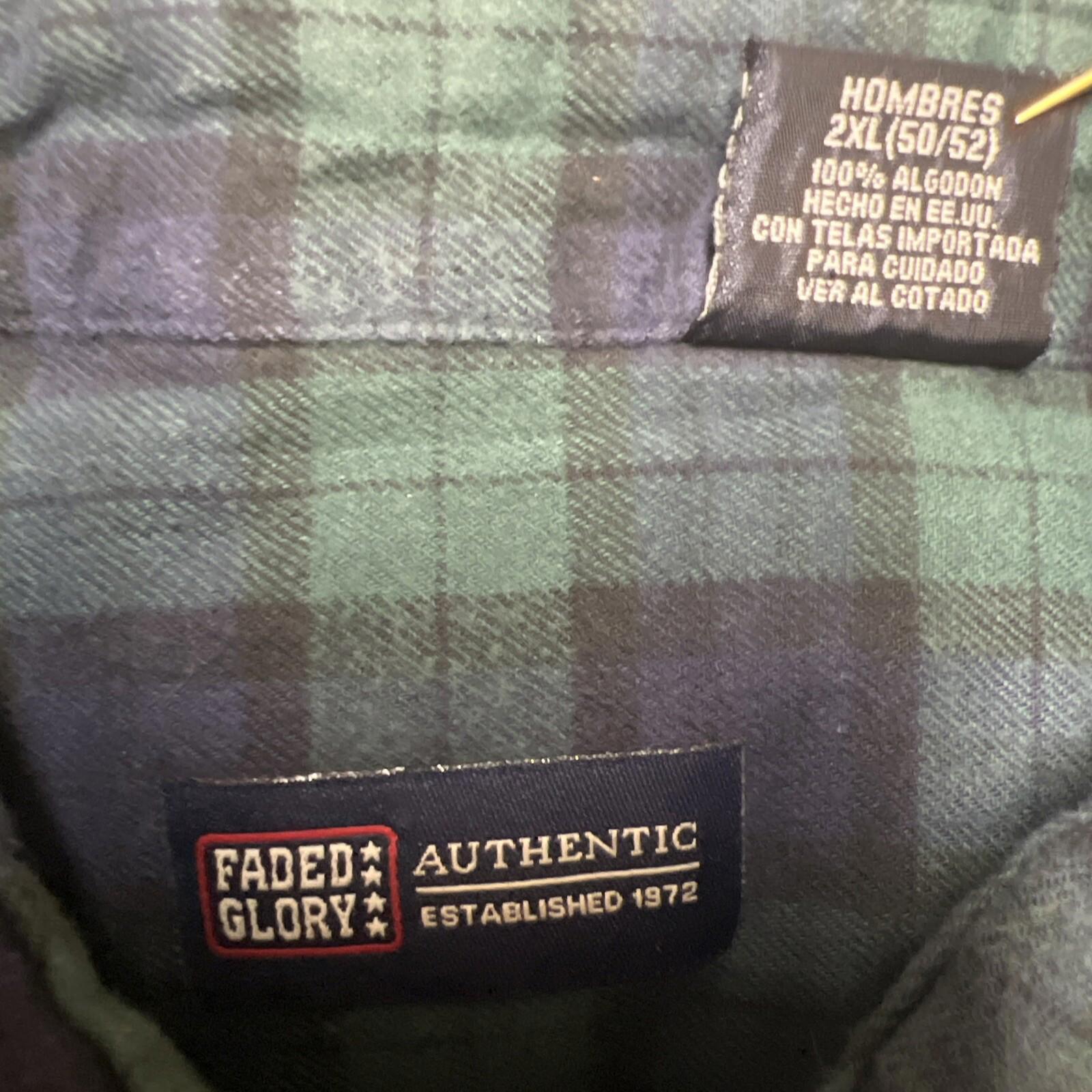 Faded Glory Men’s 2XL 50/52 Blue Green Plaid Long Sleeve Skipper Shirt