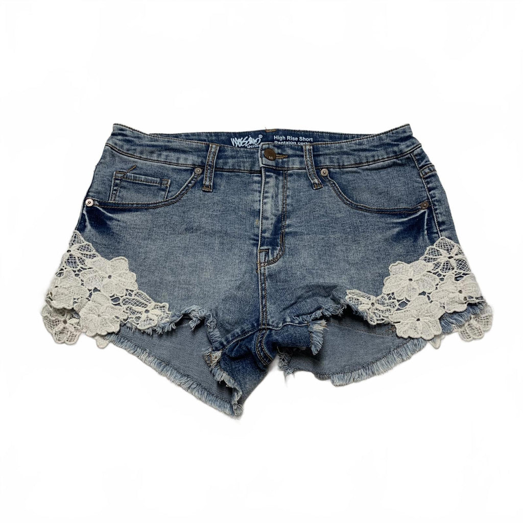 Shorts vaqueros de tiro alto con ribete de encaje Mossino para mujer, talla 8/W29