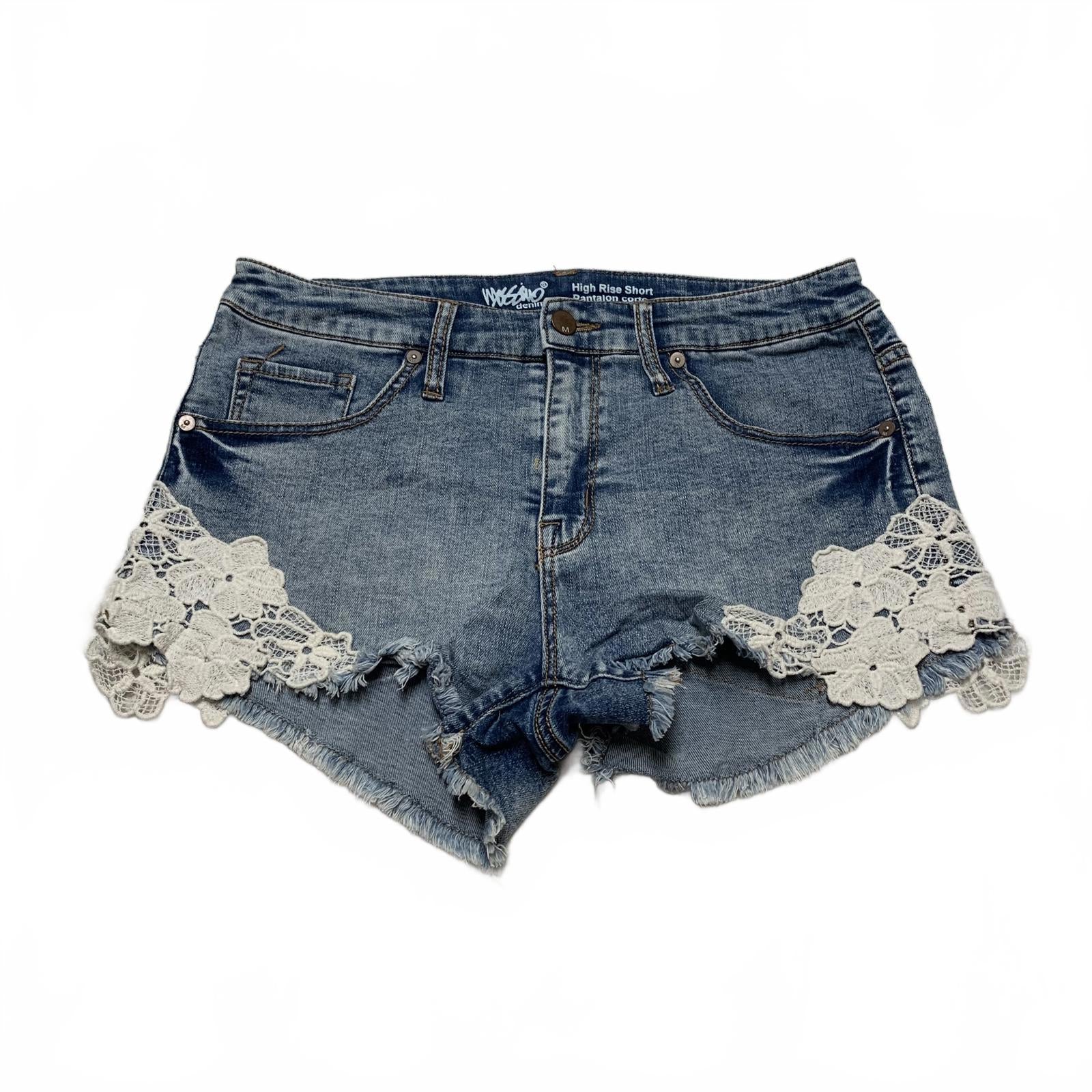 Shorts vaqueros de tiro alto con ribete de encaje Mossino para mujer, talla 8/W29