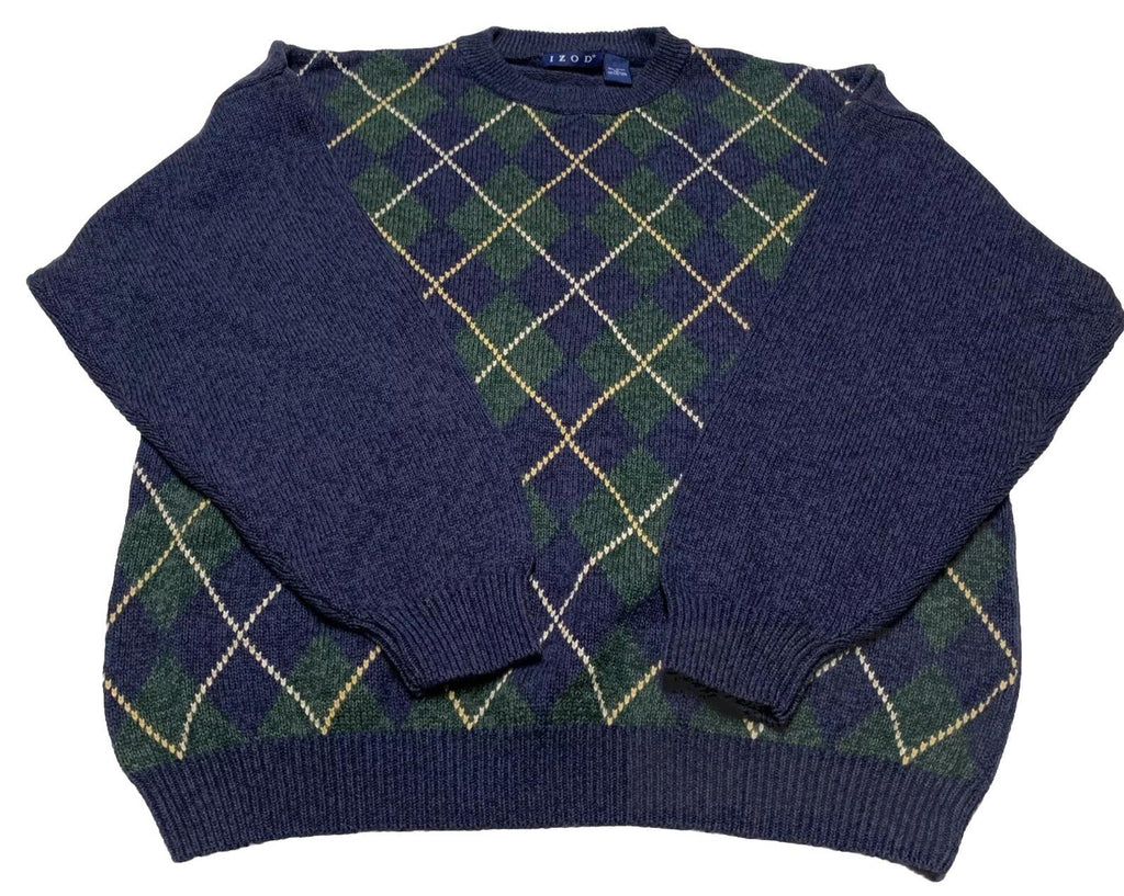 Izod Men's XL Blue Green Knit Sweater Argyle Diamond Crew Neck 100% Cotton