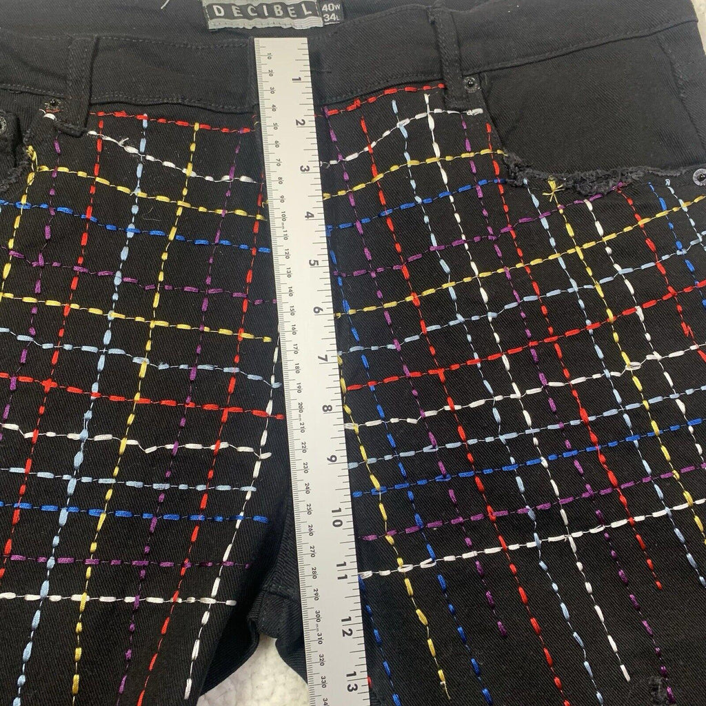 Vaqueros negros Decibel para hombre, 40 x 34, bordados al frente y deshilachados