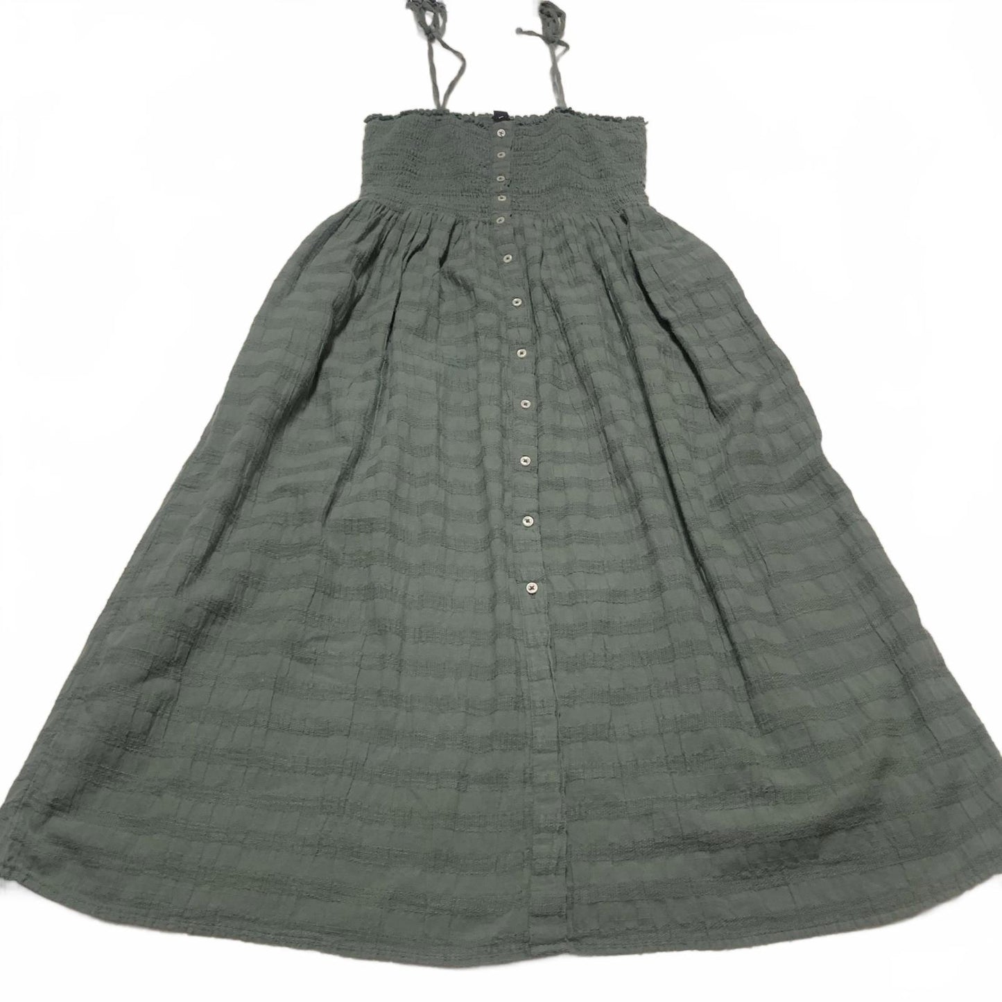 Aerie Smocked Womens Sz XS Green Midi Dress Button outside Tie Straps Sleeveless