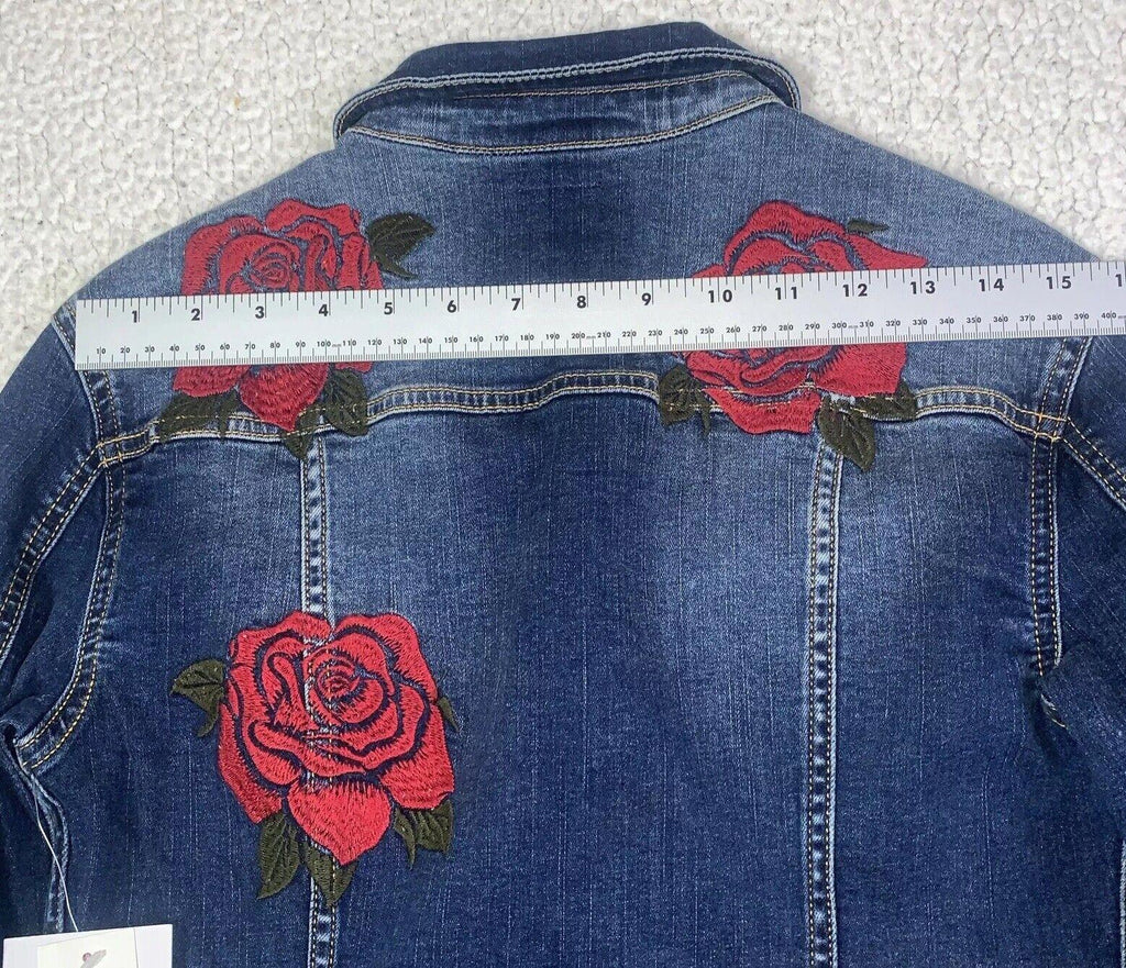 Chaqueta vaquera Lularoe Jaxon con rosa roja talla XXS y bordado pequeño