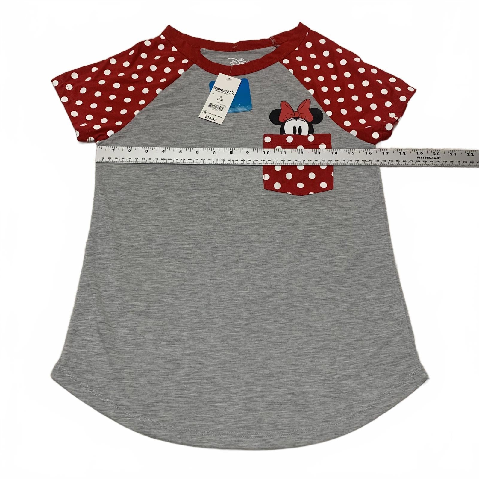 Camiseta de Minnie Mouse de Disney para niña, talla pequeña 3-5, color rojo y gris, con mangas de lunares