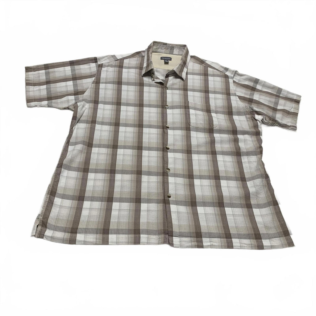 Van Heusen Camisa con botones de manga corta a cuadros beige talla XXL para hombre