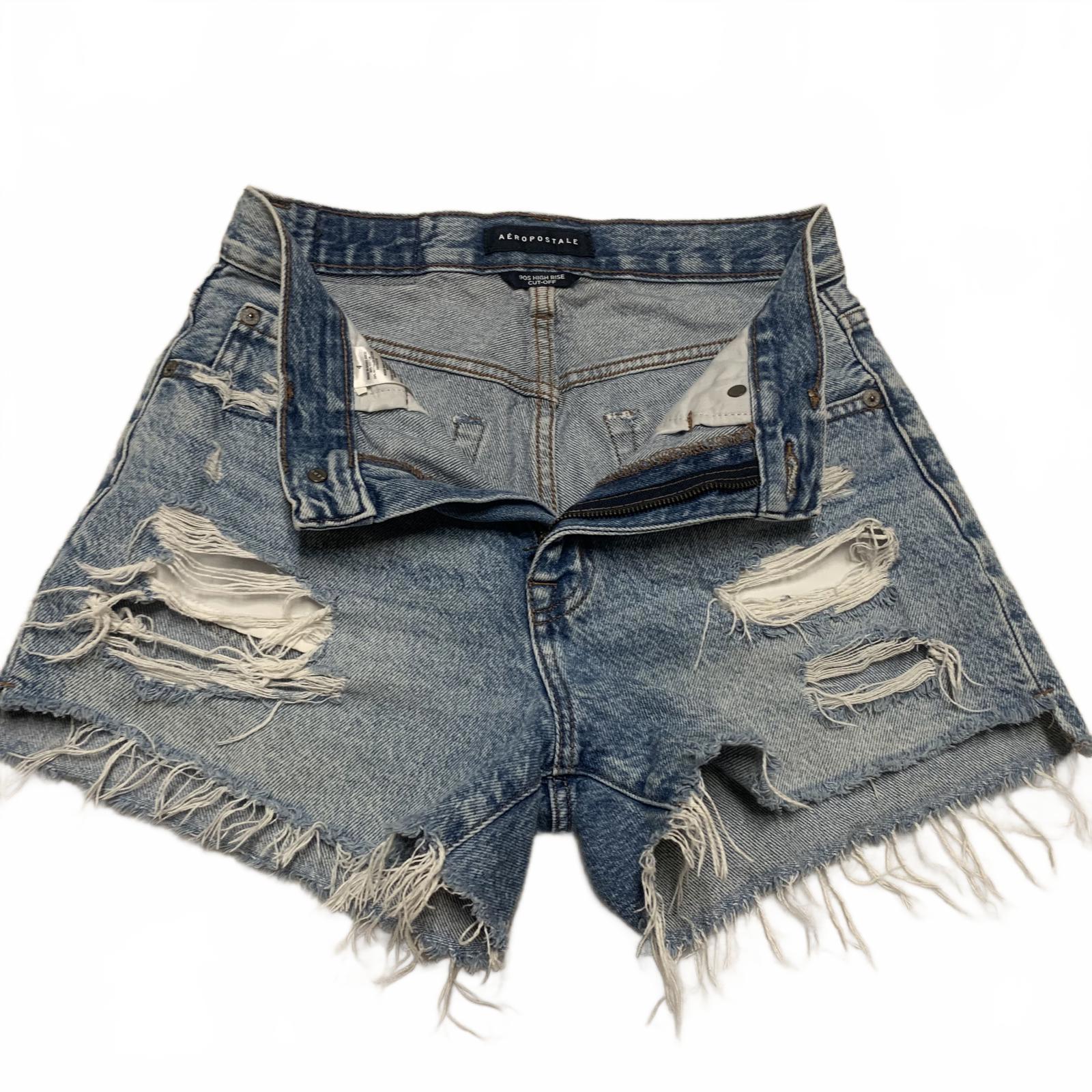 Pantalones cortos vaqueros desgastados de cintura alta de Aeropostale para mujer, talla 4, de mezclilla azul rotos