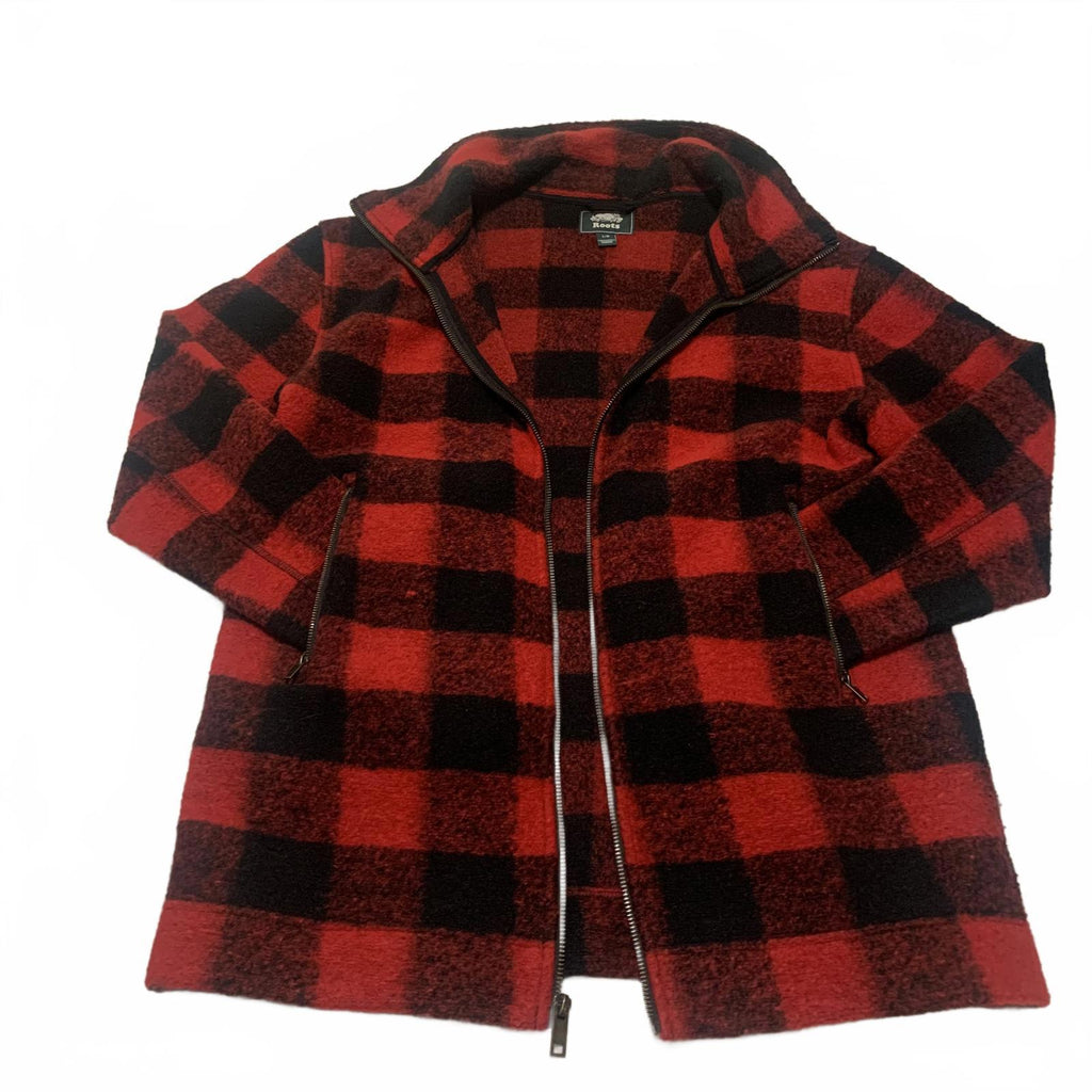 Chaqueta de forro polar con cremallera a cuadros rojos y negros Roots para hombre, talla L, estilo cálido y clásico