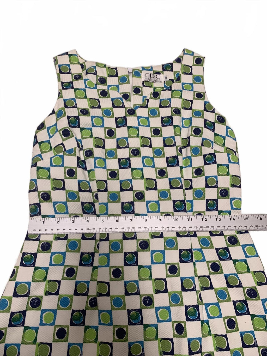 Vestido CDC Petites geométrico sin mangas, corte A, talla 8P, verano - Hecho en EE. UU.