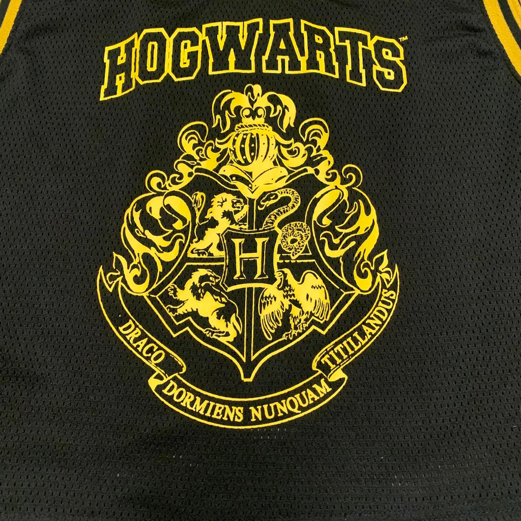 Top corto de malla con el escudo de Hogwarts, unisex, talla L, negro y amarillo, de Harry Potter para niños