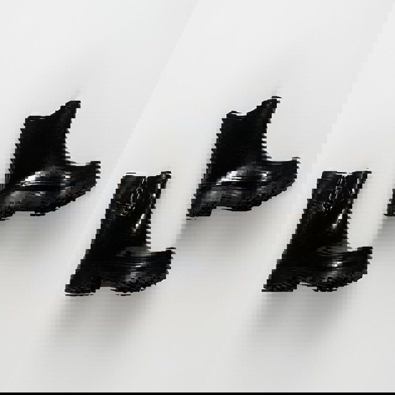 Botas de lluvia DEW para mujer, suela de goma, talla 11, color negro brillante, con hebilla hasta el tobillo