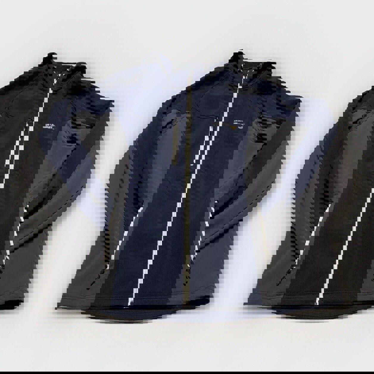 Chaqueta de golf Landway para hombre, con capucha, forro polar, cierre completo y caparazón blando, color azul marino/gris, talla mediana