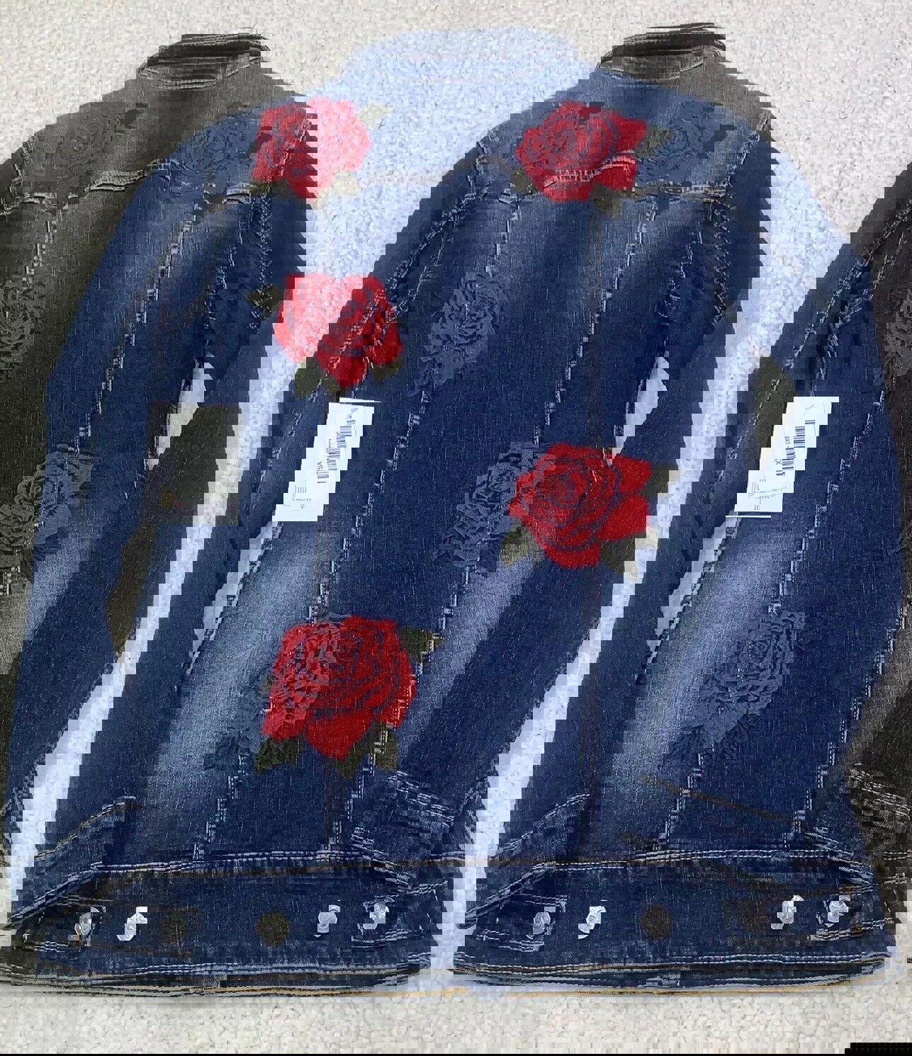 Chaqueta vaquera Lularoe Jaxon con rosa roja talla XXS y bordado pequeño