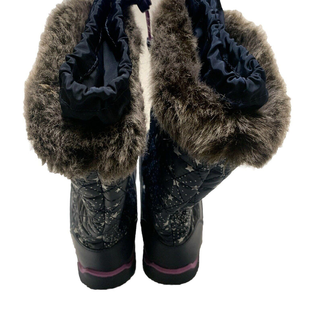 Botas de invierno para lluvia y nieve Lands End para niñas, talla 4M, color azul marino y morado con ribete de encaje y estrellas