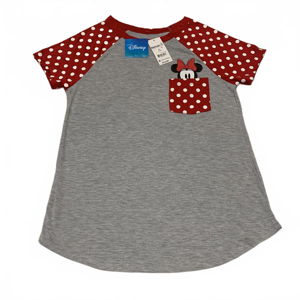 Camiseta con bolsillo de Minnie Mouse en rojo y gris para niña de Disney, talla mediana 7-9